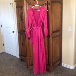 Hot pink satin maxi wrap dress